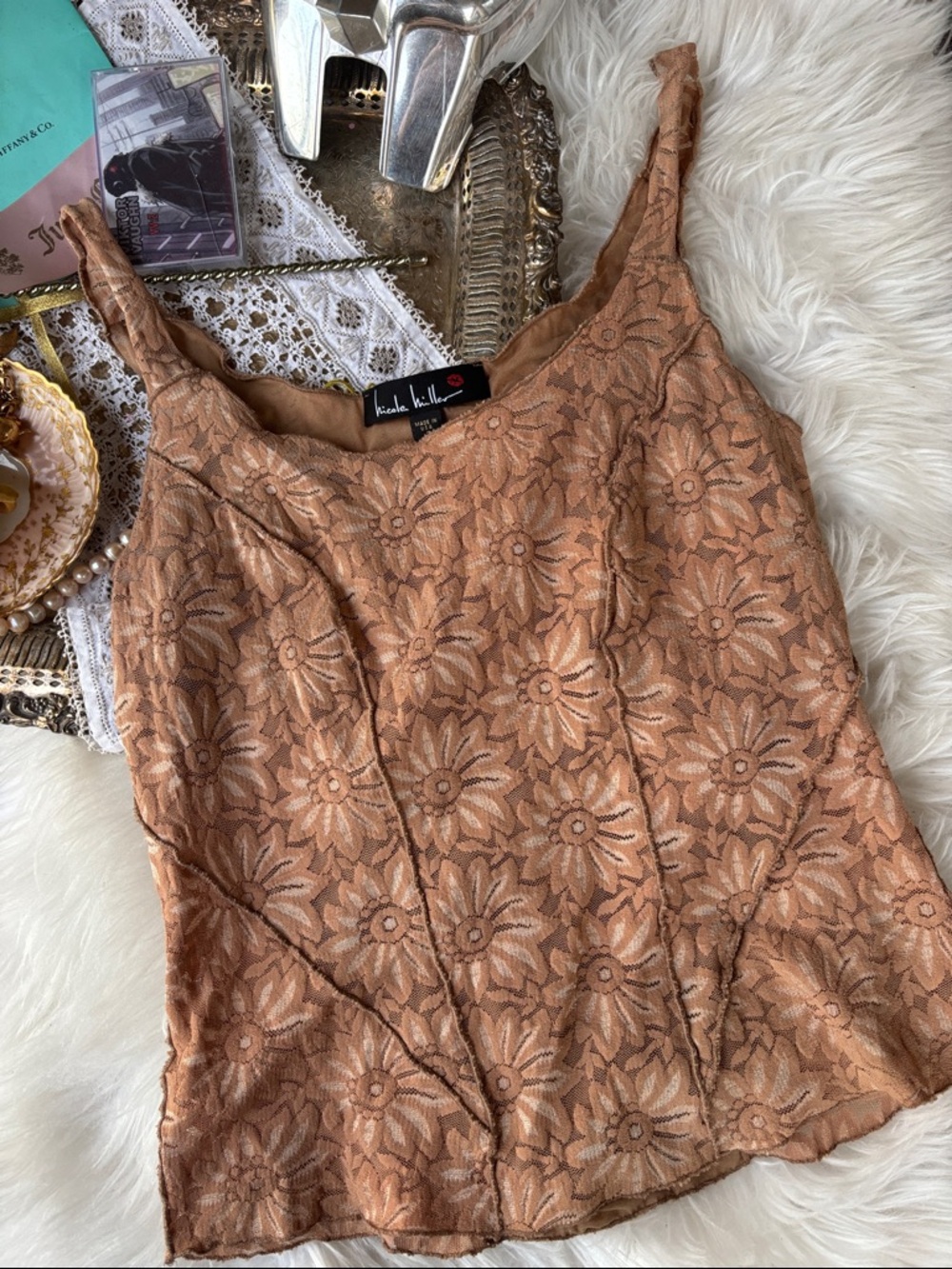 Vintage 90’s Nicole Miller Lace Corset Tank Top Brown Iconic Baddie Y2K Bustier